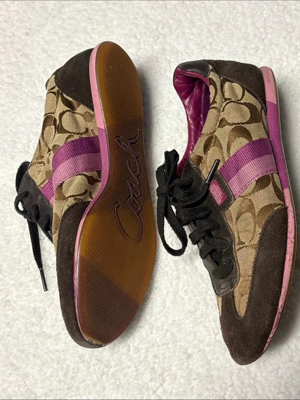 Coach 7.5 Joss Brown Signature Canvas Sneakers with Pink Trim